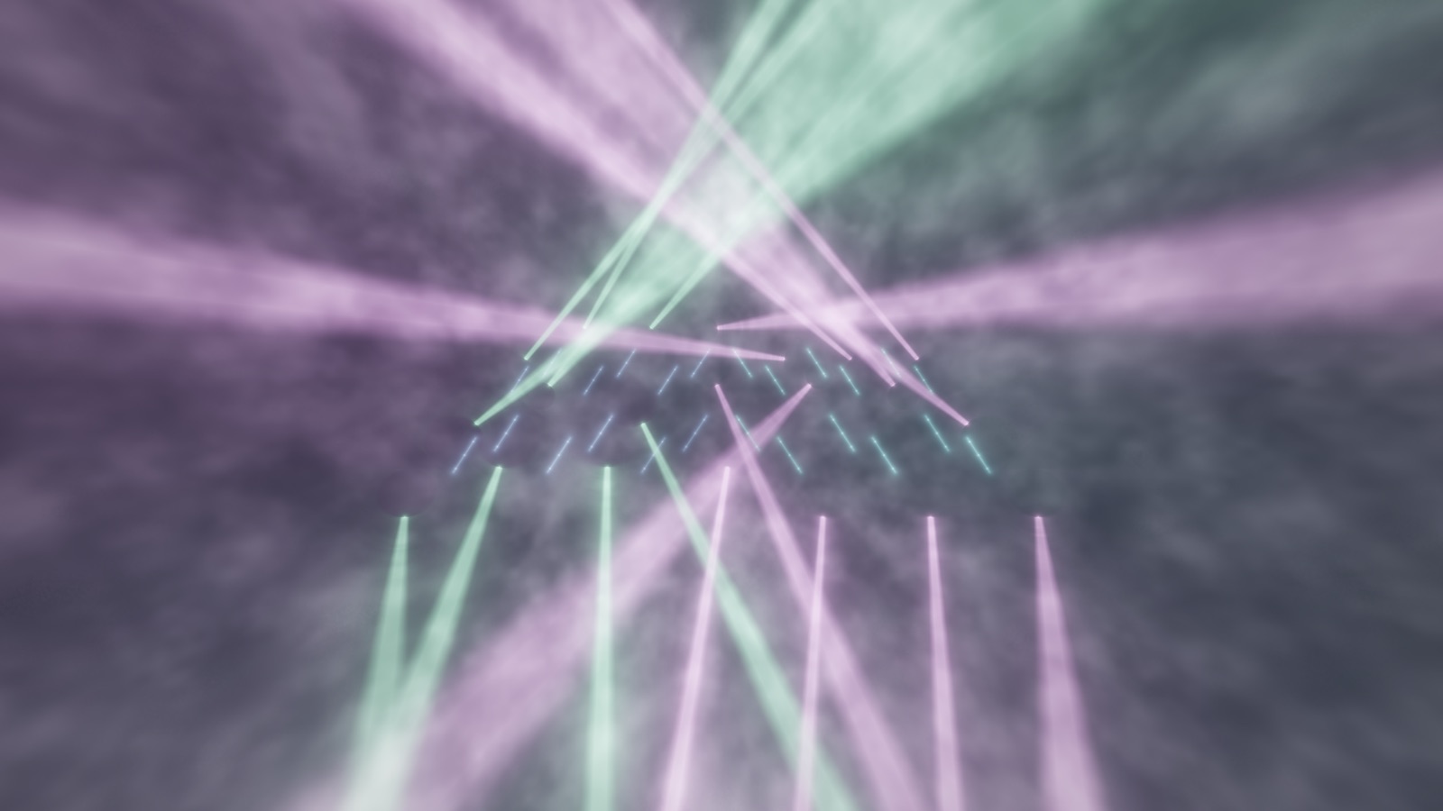 Crossing beams forming a mid-air lattice through haze on the Aquarium rig