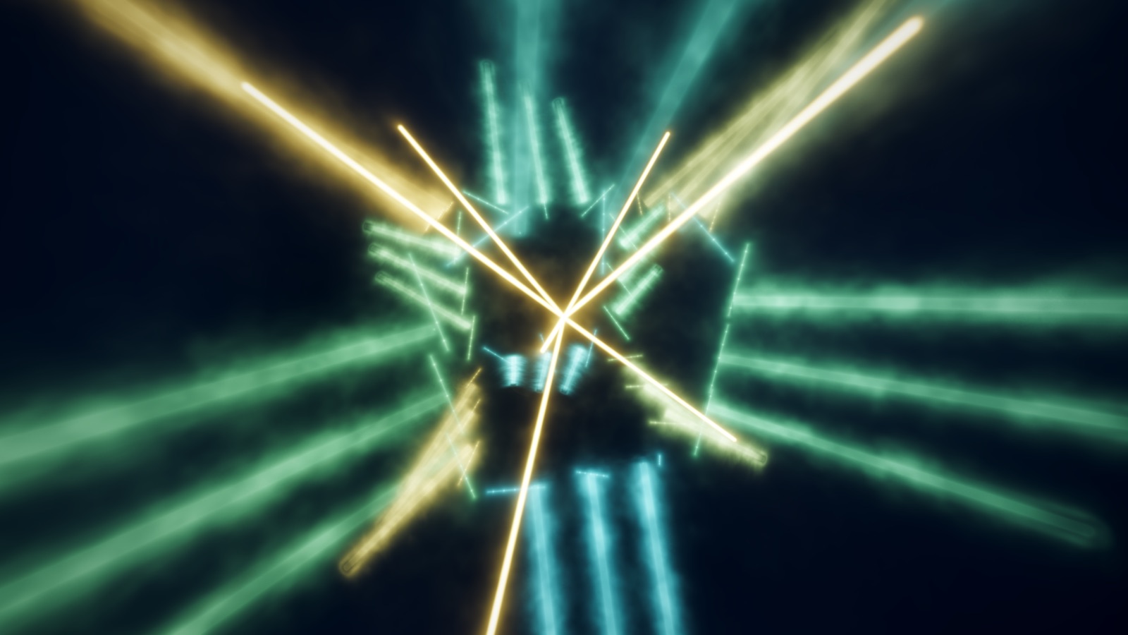 A 12-edge wireframe truss cube crossed by laser beams