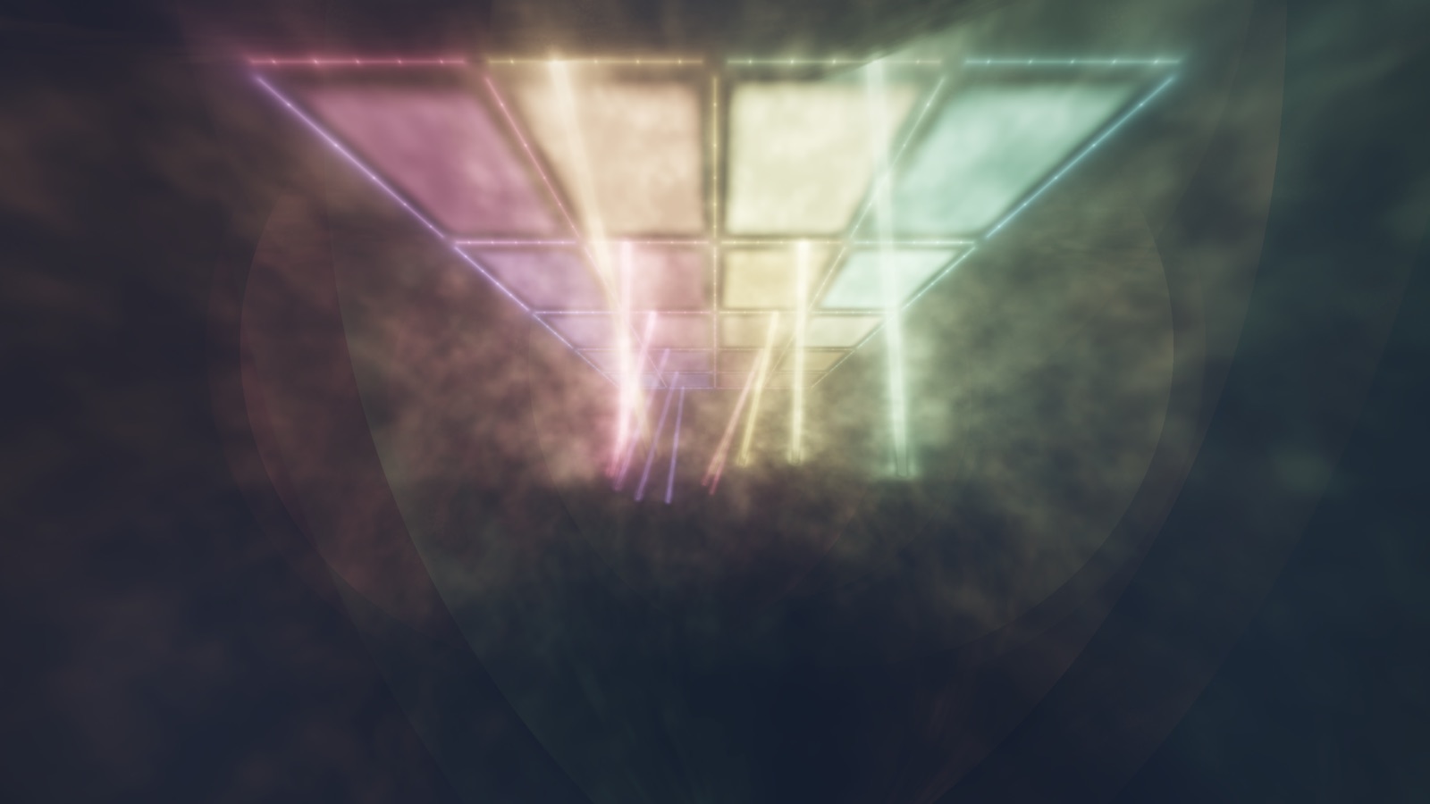 A receding corridor of ceiling trusses and glowing panels in heavy haze