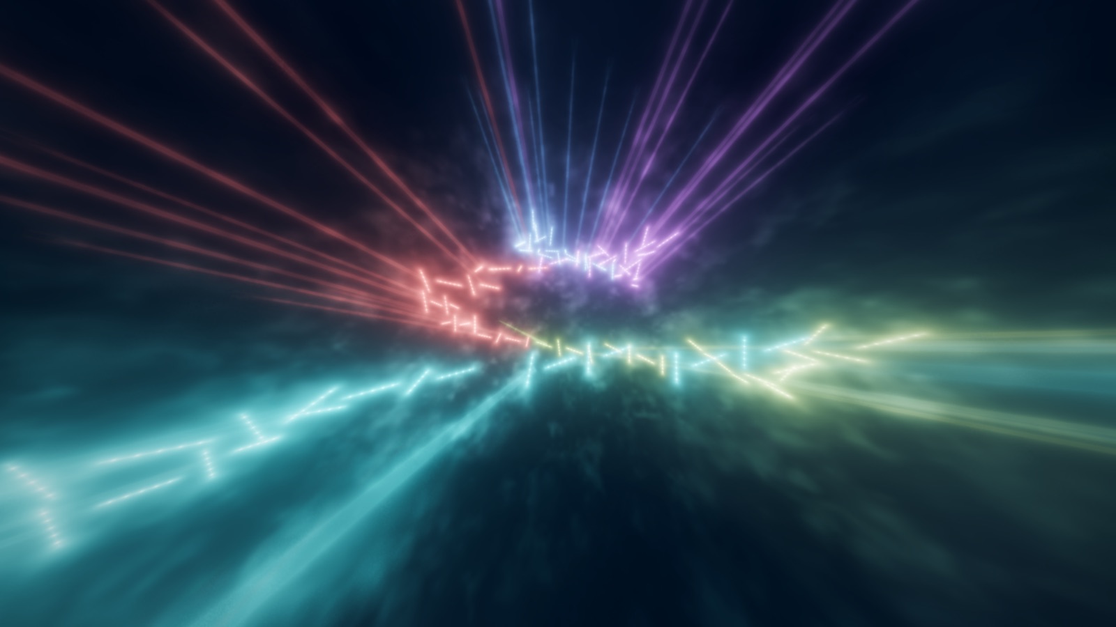 A storm of colored beams radiating across the Sphere rig