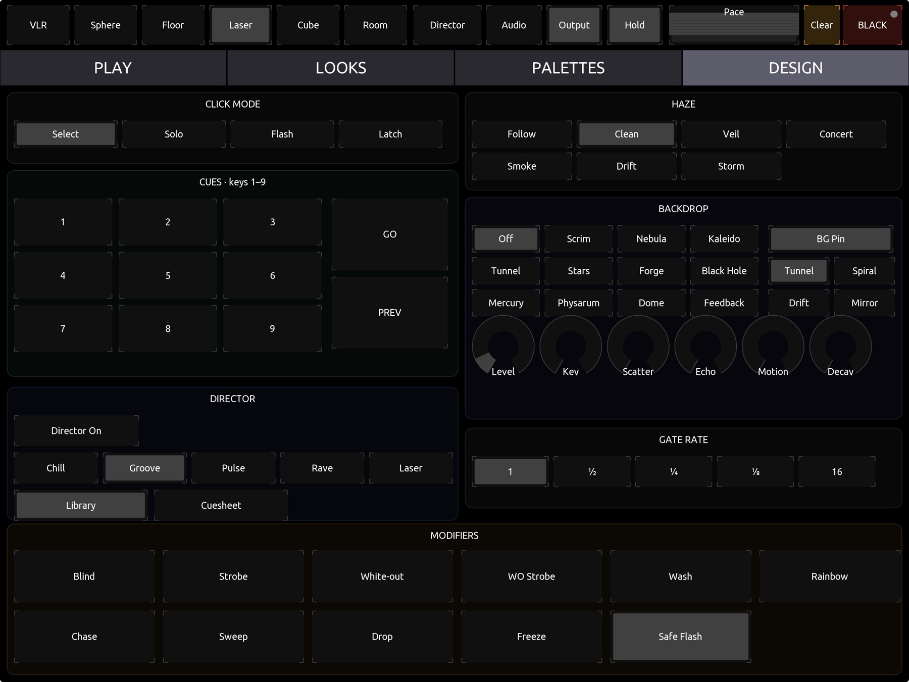 Telaray's generated TouchOSC layout on iPad, DESIGN page: click mode, cue pads, the Director, haze, backdrop, and modifiers
